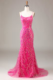 Hot Pink Sequins & Beaded Mermaid Ball Dress with Backless