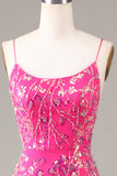 Hot Pink Sequins & Beaded Mermaid Ball Dress with Backless