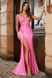 Pink Spaghetti Straps Glitter Sequin Mermaid Ball Dress with Slit