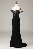 Off the Shoulder Black Sparkly Mermaid Ball Dress