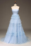 Tulle Light Blue Tiered Ball Dress with Slit