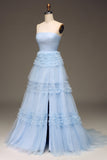 Tulle Light Blue Tiered Ball Dress with Slit