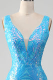 Sparkly Blue Mermaid V-Neck Long Ball Dress With Slit