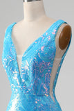 Sparkly Blue Mermaid V-Neck Long Ball Dress With Slit