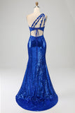 Royal Blue Mermaid One Shoulder Sparkly Sequins Long Ball Dress with Slit