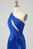 Royal Blue Mermaid One Shoulder Sparkly Sequins Long Ball Dress with Slit