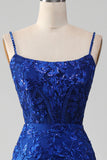 Sparkly Royal Blue Mermaid Spaghetti Straps Long Ball Dress With Appliques