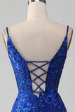 Sparkly Royal Blue Mermaid Spaghetti Straps Long Ball Dress With Appliques