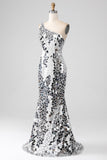 Silver Mirror Sequins One Shoulder Ball Dress with Hollow-out
