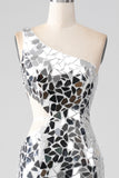 Silver Mirror Sequins One Shoulder Ball Dress with Hollow-out