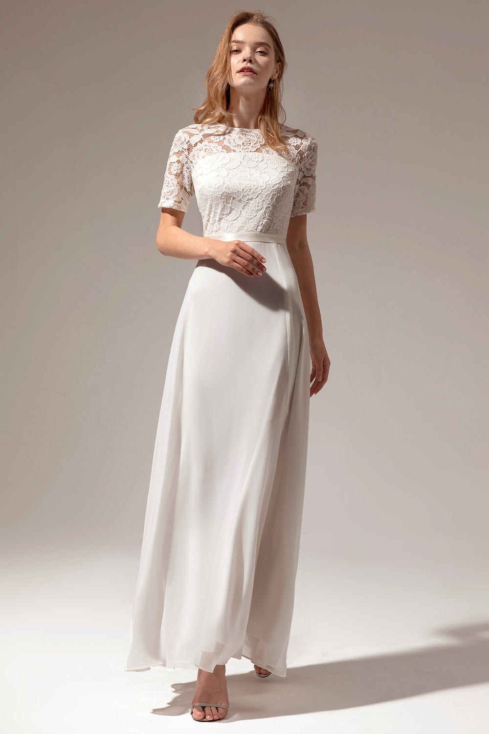 Zapaka Elegant White A-Line Long Chiffon Short Sleeves Wedding