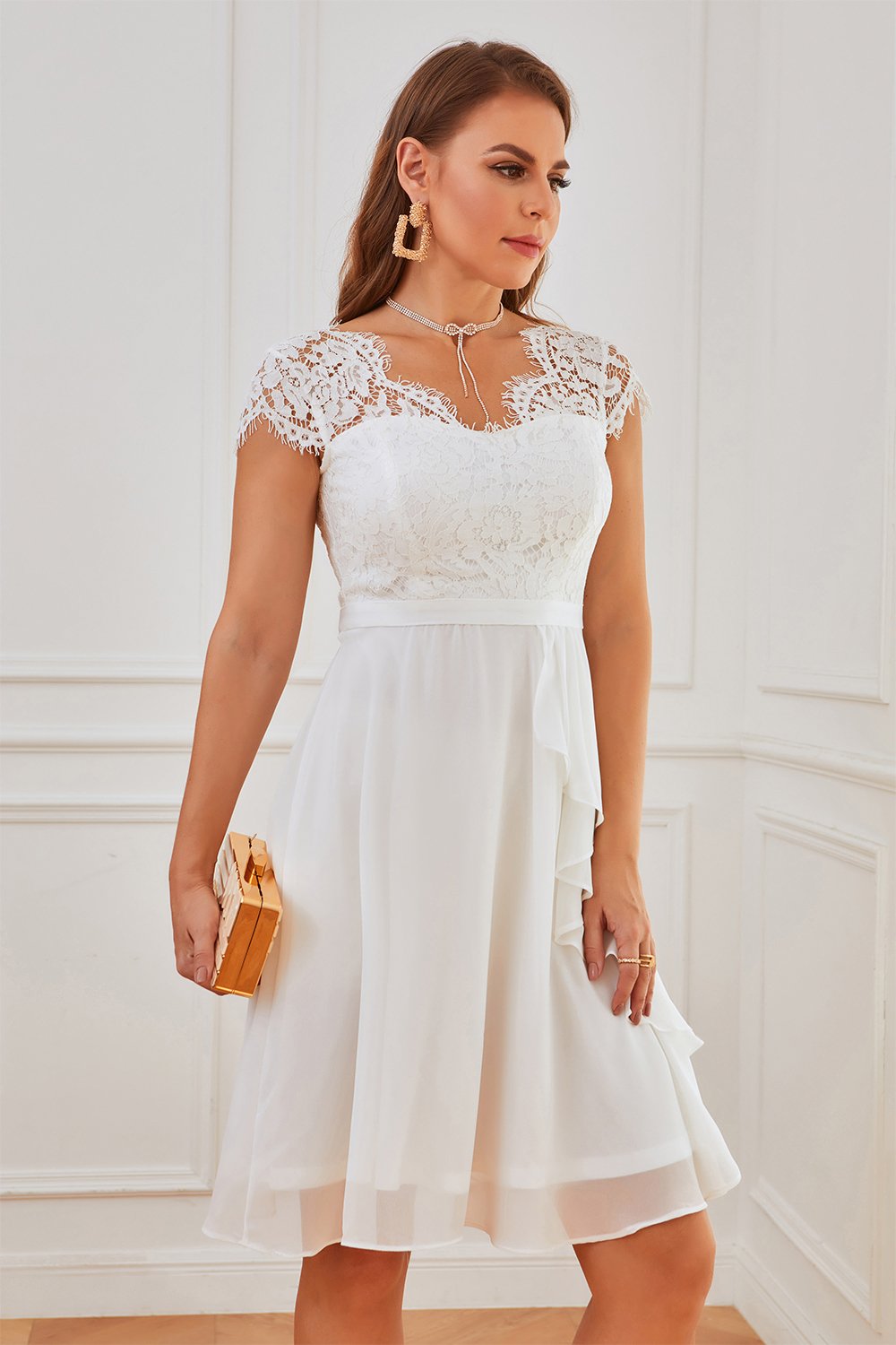 White Lace Party Dress with Ruffles