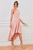 Pink A Line Halter High Low Homecoming Dress