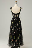 A Line Sweetheart Black Long Ball Dress with Embroidery