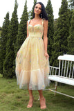 Yellow Floral Ankle-Length Ball Dress with Embroidery