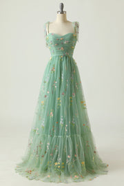 Green Long Ball Dress With Embroidery