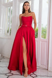 A Line Strapless Red Long Ball Dress with Split Front