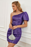 Purple One Shoulder Puff Sleeves Sequined Cocktail Dress