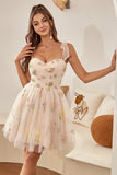 Cute Short A Line Spaghetti Straps Champagne Ball Dress with Embroidery