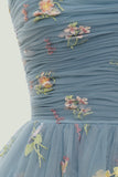 Grey Blue Short A-Line Ball Party Dress With Embroidery