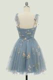 Grey Blue Short A-Line Ball Party Dress With Embroidery