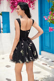 Cute A Line Off the Shoulder Black Corset Cocktail Dress with Embroidery