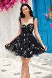 Cute A Line Off the Shoulder Black Corset Cocktail Dress with Embroidery