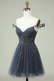 Cute A Line Spaghetti Straps Grey Short Cocktail Dress with Appliques