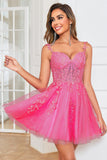 Stylish A Line Spaghetti Straps Pink Short Cocktail Dress with Appliques