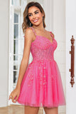 Stylish A Line Spaghetti Straps Pink Short Cocktail Dress with Appliques