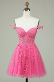 Cute A Line Spaghetti Straps Pink Short Cocktail Dress with Appliques