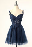 Navy Spaghetti Straps Short Cocktail Dress with Appliques