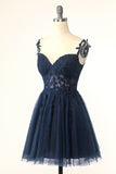 Navy Spaghetti Straps Short Cocktail Dress with Appliques