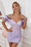 Lavender Off the Shoulder Cocktail Dress with Feathers