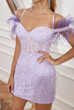 Lavender Off the Shoulder Cocktail Dress with Feathers