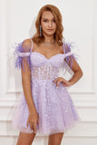 Lavender Off Shoulder Cocktail Dress with Feathers