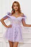 Lavender Off Shoulder Cocktail Dress with Feathers