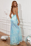 Blue Sequin Ball Dress with Fringes