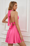 Fuchsia Halter Backless Lace Up Cocktail Dress