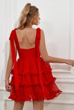 Red Tiered Short Cocktail Dress With Bows