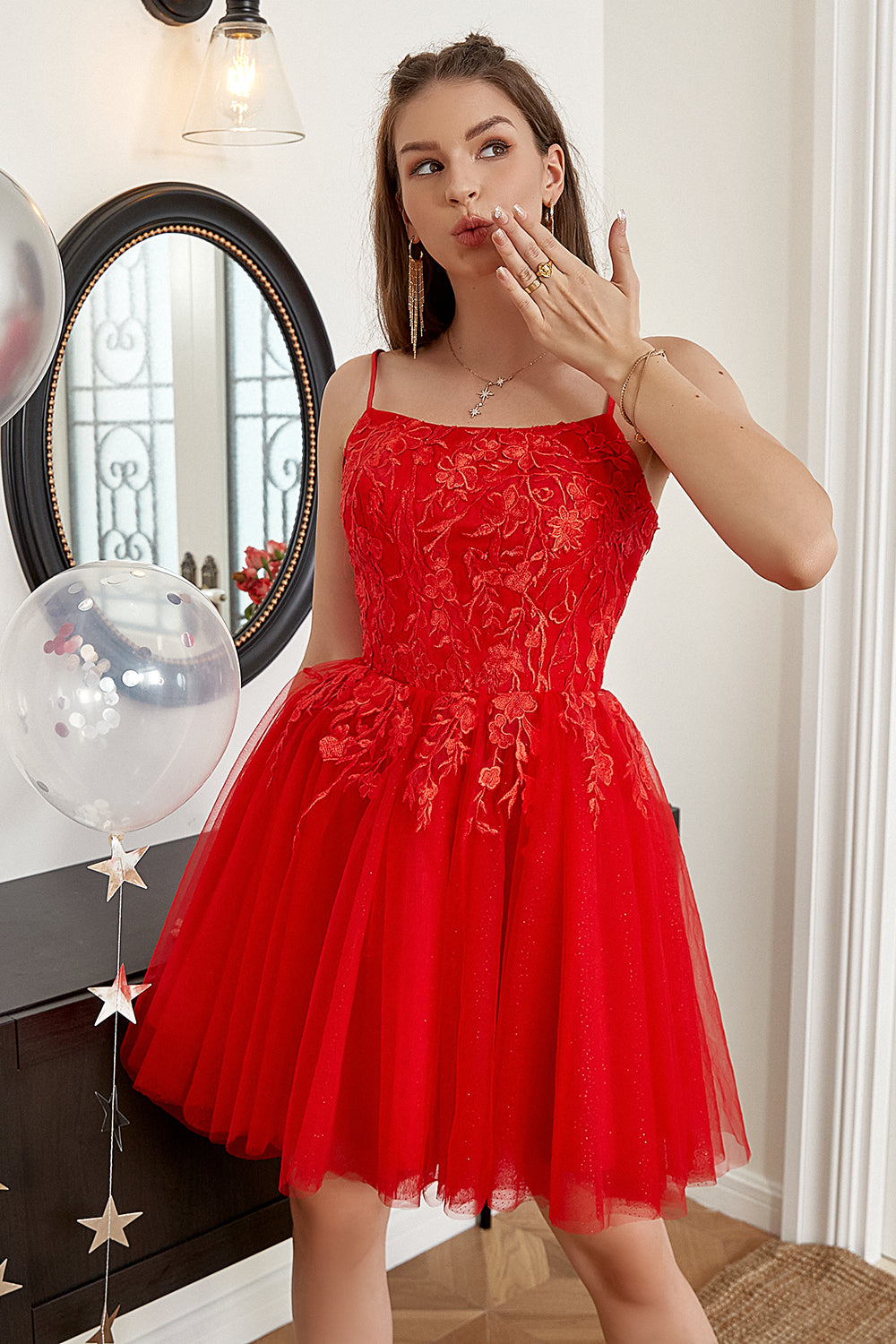 Red A-line Cute Cocktail Dress with Appliques