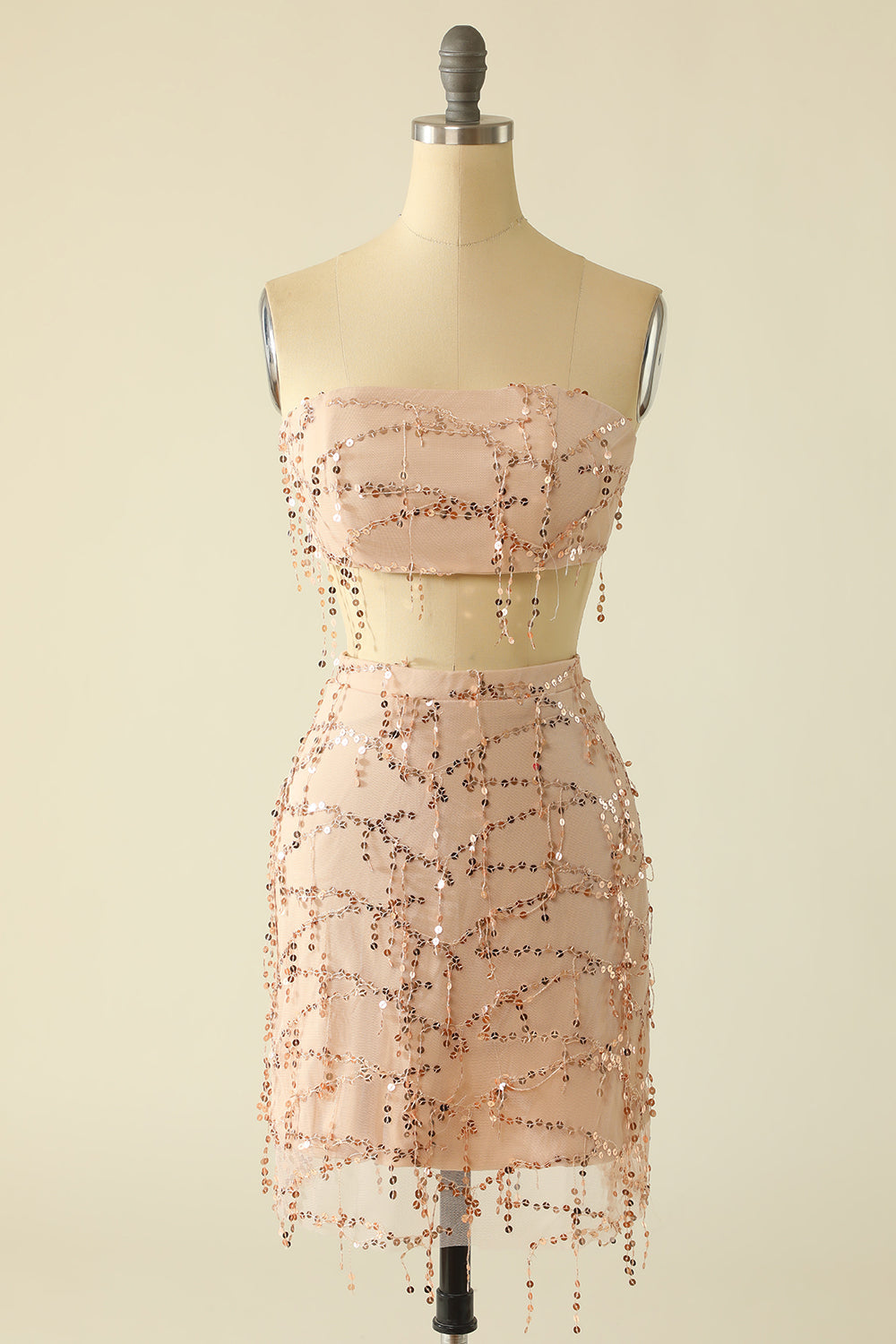 Two Piece Sequins Strapless Pink Party Dress