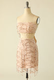 Two Piece Sequins Strapless Pink Party Dress