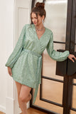Green Wrap Style Cocktail Dress with Long Sleeves