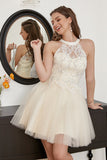 Champagne Beaded Halter Tulle Cute Cocktail Dress