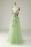 Green A Line Spaghetti Straps Tulle Ball Dress With 3D Flowers