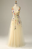 Champagne A Line Spaghetti Straps Tulle Ball Dress With 3D Flowers