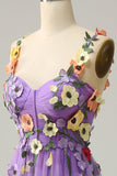 Dark Purple A Line Spaghetti Straps Tulle Ball Dress With 3D Flowers