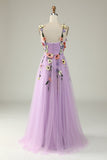 Dark Purple A Line Spaghetti Straps Tulle Ball Dress With 3D Flowers
