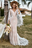 Ivory V- Neck Mermaid Lace Boho Wedding Dress With Cape
